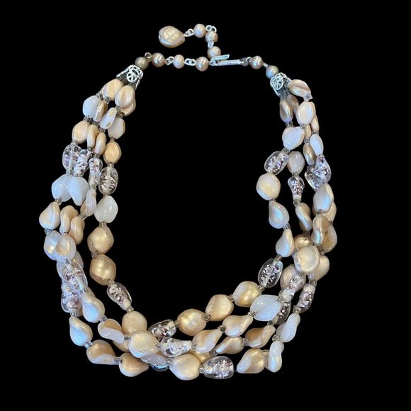 Triple 3 Three Strand Vintage Signed Japan Neutral Color Glass Beaded Necklace - Picture 2 of 5